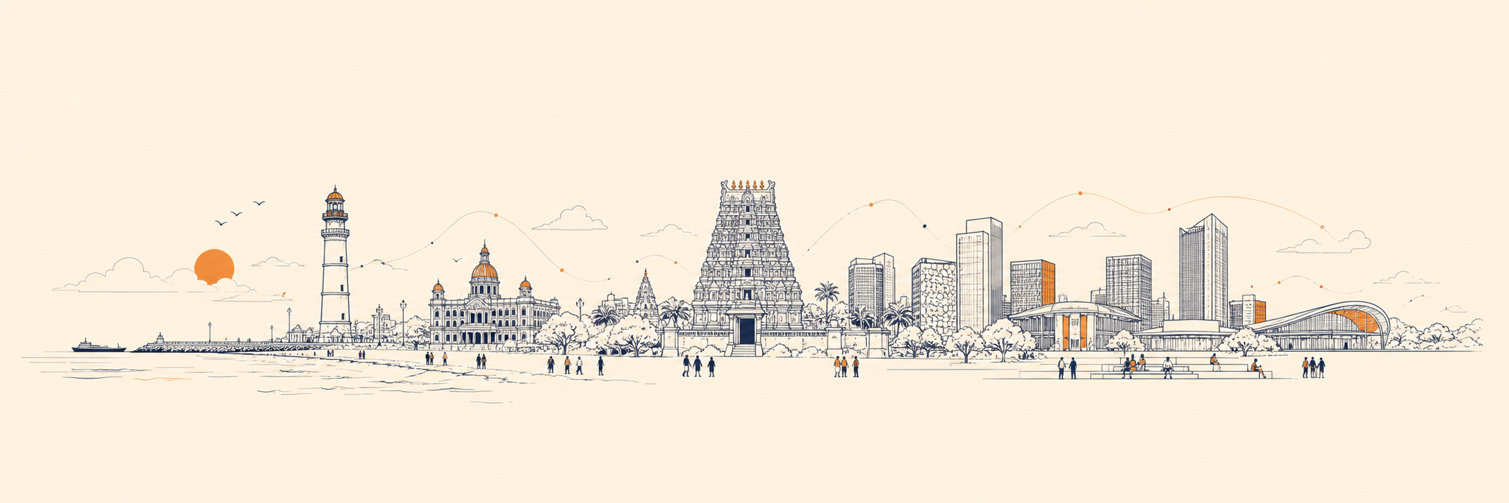 Illustrated Chennai skyline and technology community gathering for Chennai Tech Week.
